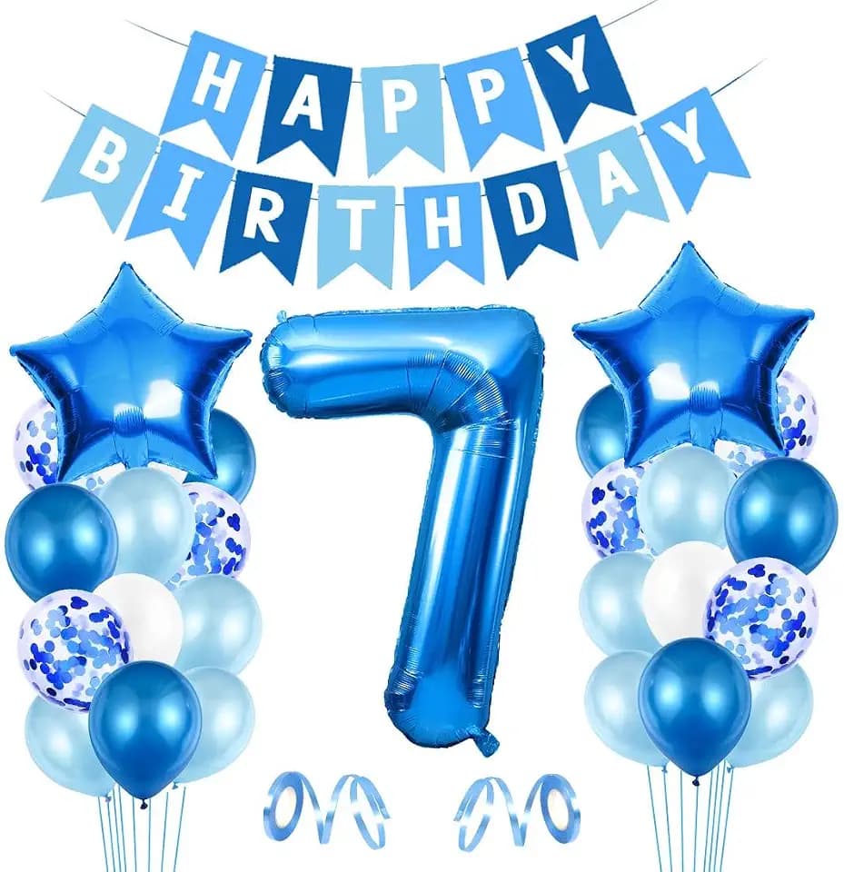 Luftballon 7. Geburtstag Blau, Geburtstagsdeko Jungen 7 Jahr, Ballon 7 Deko zum Geburtstag, Blau Happy Birthday Banner Riesen Folienballon für Kinder Geburtstags