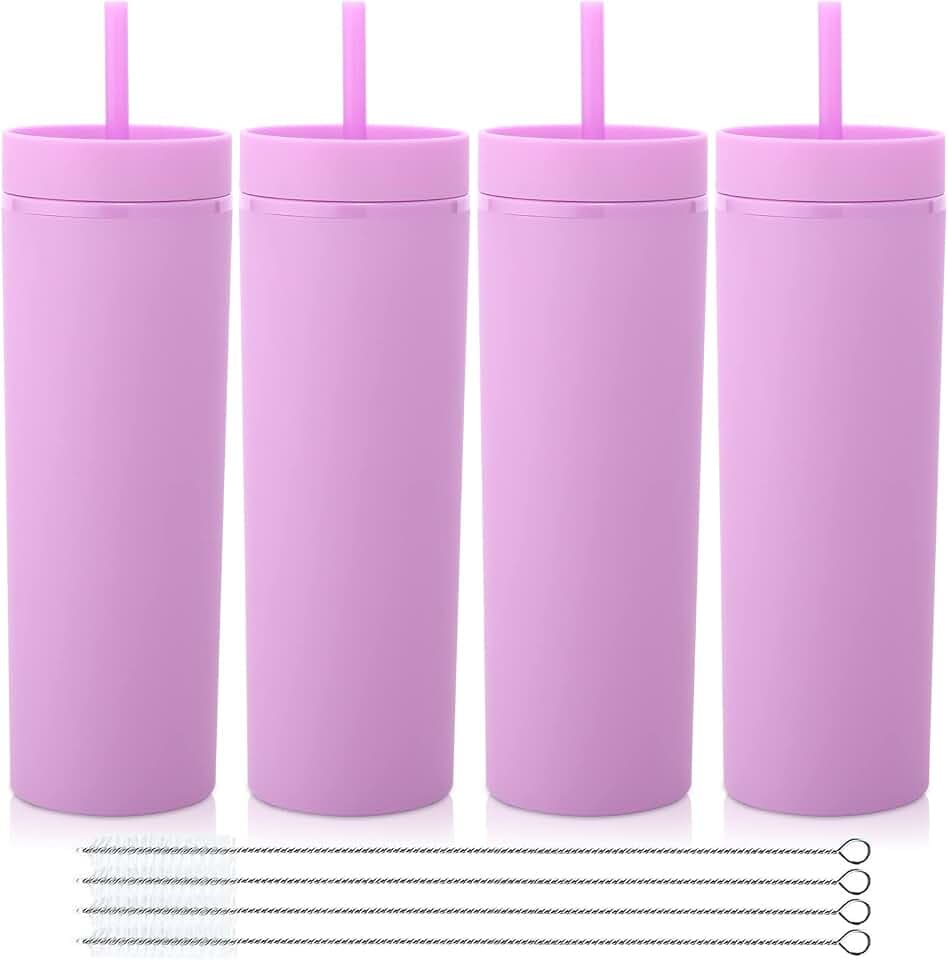 Volhoply 600ml Trinkbecher mit Deckel und Strohhalm Viererpack,Doppelwandiger Wiederverwendbar Reisebecher,BPA-freier Matte Pastellfarben Acryl-Plastikbecher für Fruchtsaft,Geschenk,Eiskaffee(Lila,4)