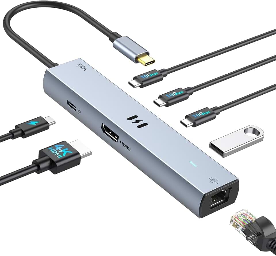 Selore 10Gbps USB C Hub Multiport Adapter, Ethernet Adapter with 4K@60Hz HDMI, Gigabit Ethernet, 3 USB C Ports, 100W PD, USBC Dongle for MacBook Pro Air, iPad, HP, Dell, etc