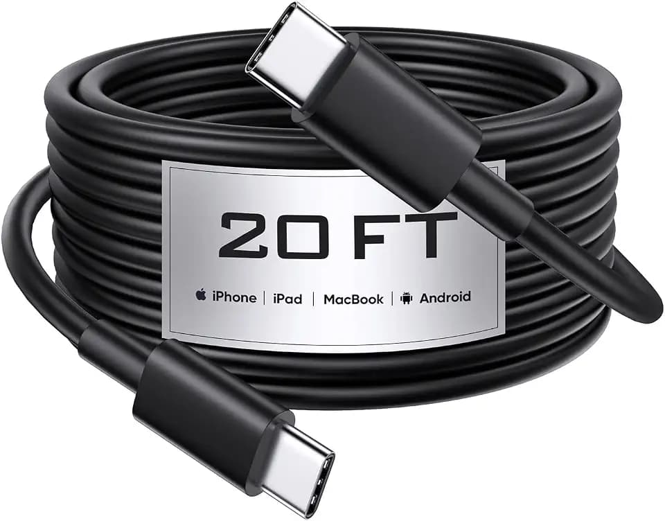 20FT USB C to USB C Cable 60W, Extra Long Type C Fast Charging Cable Premium TPE [High Elasticity/Bend-Resistant] for iPhone 16/15 Pro Max/MacBook/iPad/Switch/Laptop /Tablet/Mobile Phone and More