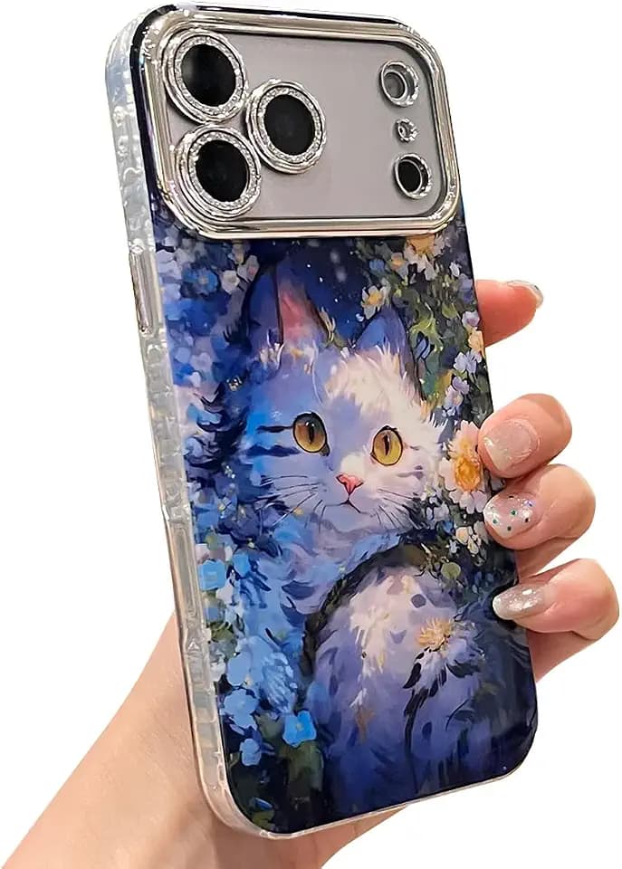 for iPhone 17 Pro Case Bling Camera Lens Protection Cute Shiny Pattern Design Soft Slim Shockproof Bumper & Hard Back Protective Case for Girls and Women - Flowers Cat