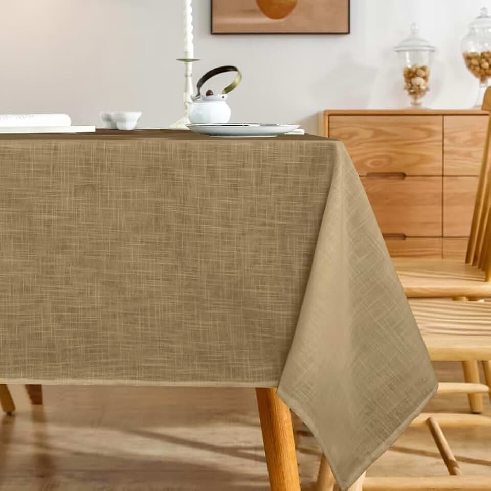 Natural Linen Rectangle Tablecloth, Slubby Textured Fall Lightweight Table Cloth 60 x 84 Inch, Water Resistant Stain Resistant Farmhouse Burlap Table Cover for Kitchen Dining Room, Taupe