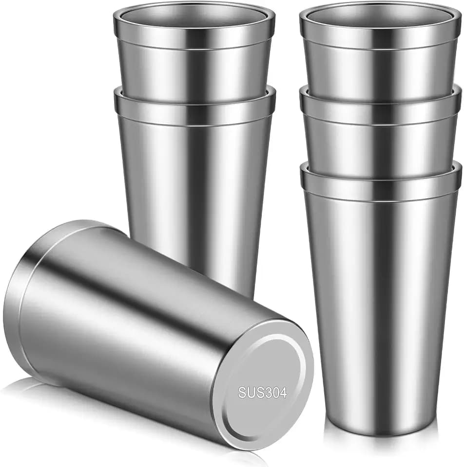 JJUNW 6 Pack Stainless Steel Cup 16 oz, Double Wall Vacuum Pint Cup Tumbler