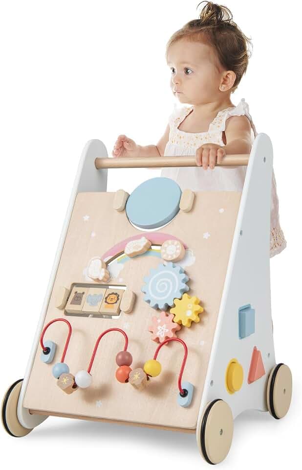 FANTASK Lauflernwagen Holz Montessori, 7 in 1 Activity Center mit Stauraum