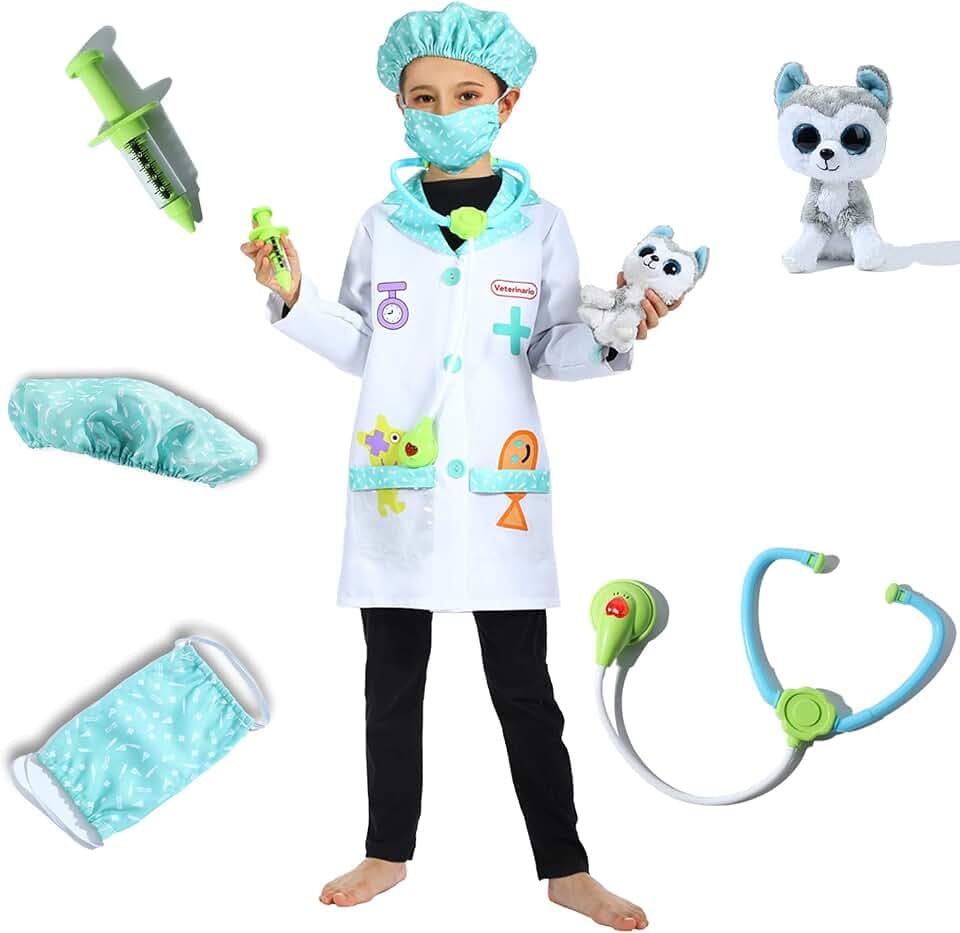 Sincere Party Tierärztliches Rollenspiel-Kostüm, Kinder Tierarzt, Laborkittel-Set, inklusive Plüschtier-Patient, 7 bis 9 Jahre