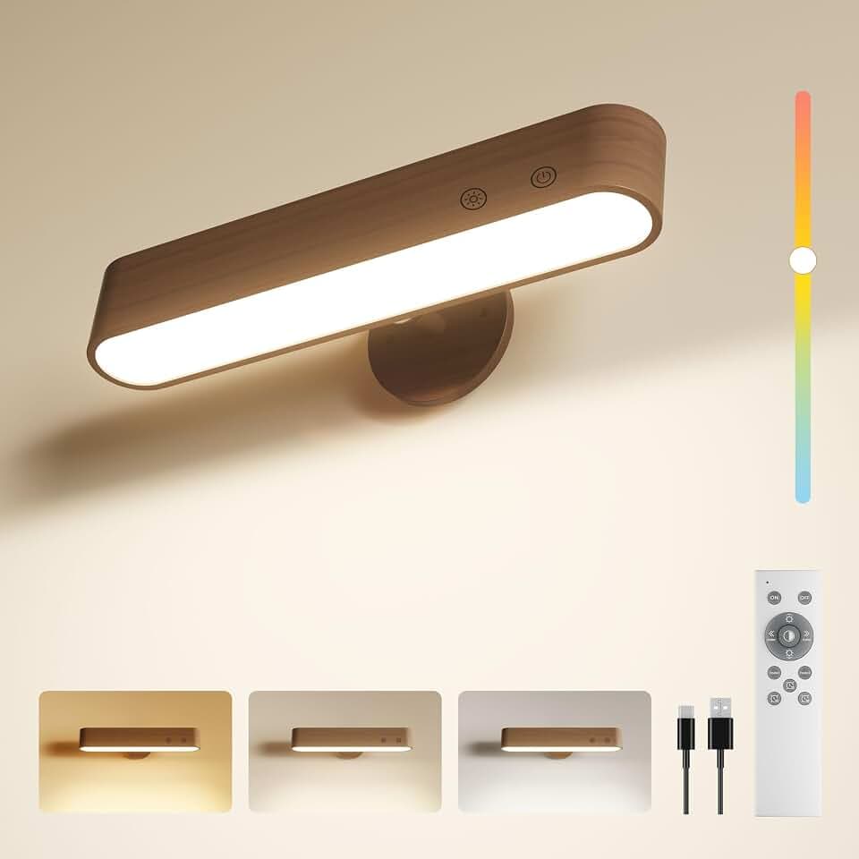 Wandleuchte Innen 7500mAh Akku für Schlafzimmer, Kabellose Wiederaufladbare Wandlampe mit Fernbedienung und Touch, 360° Magnetische Drehung, 3 Farben Dimmbare Holz Wandleuchten mit 15 RGB-Farben