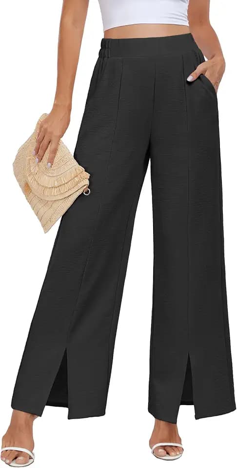 PrinStory Damen-Sommerhose, leicht, weites Bein, geteilte Hose, elastische Taille, Hose mit Taschen, legere Arbeitshose