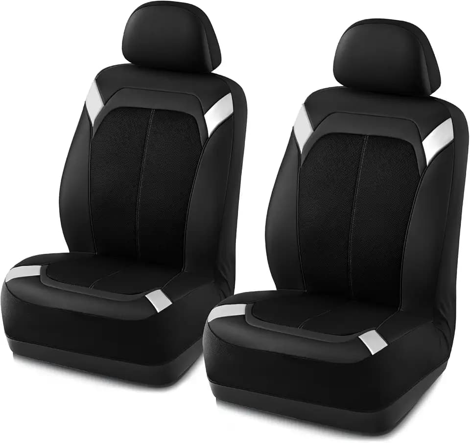 PIC AUTO Car Seat Cover – Silver & Black Leather with Breathable Mesh Seat Cover for Cars, Stylish Two-Tone Leather Front Seat Covers, Universal Fit, Durable for SUV, Truck, Sedan, Vehicles