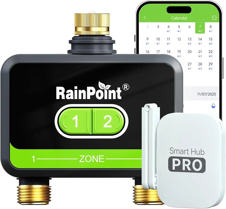 RainPoint WiFi Water Timer for Garden Hose with Brass Inlet & Outlet, 2-Zone Smart Hose Timer, WiFi Irrigation Controller via APP/Voice Control, Automatic Sprinkler Watering System for Lawns and Yard