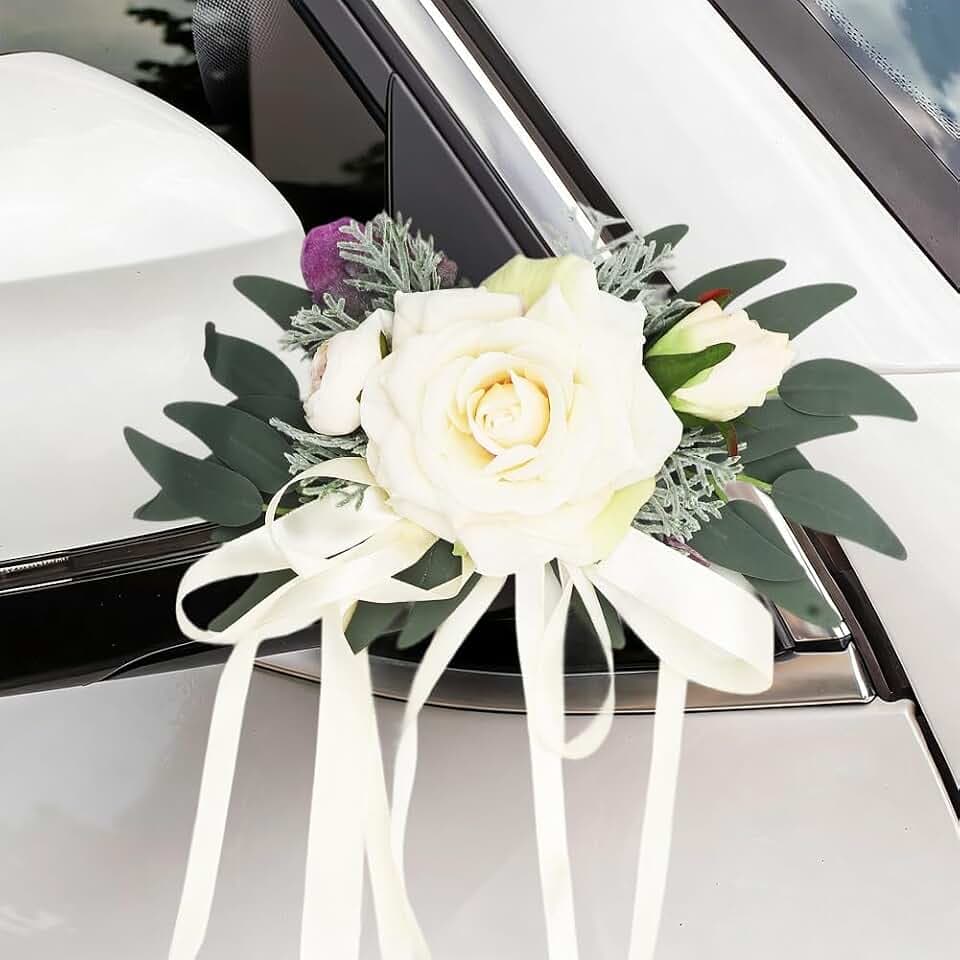 Hochzeit Autoschmuck, 2 Stück Hochzeit Autoschleifen, Autoschleifen Hochzeit, Vintage Hochzeits Künstliche Blume mit Saugnäpfen, Künstliche Blume Autoschmuck für Auto Rückspiegel (Weiß)