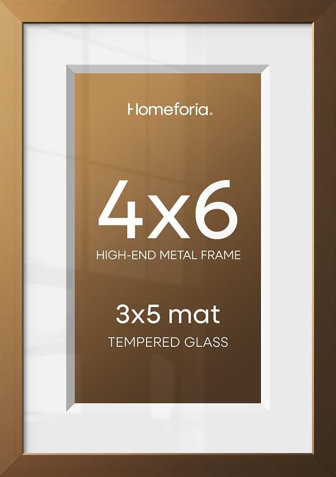 Homeforia 4x6 Bronze Picture Frame, High-End Metal, 3x5 Mat, Glass