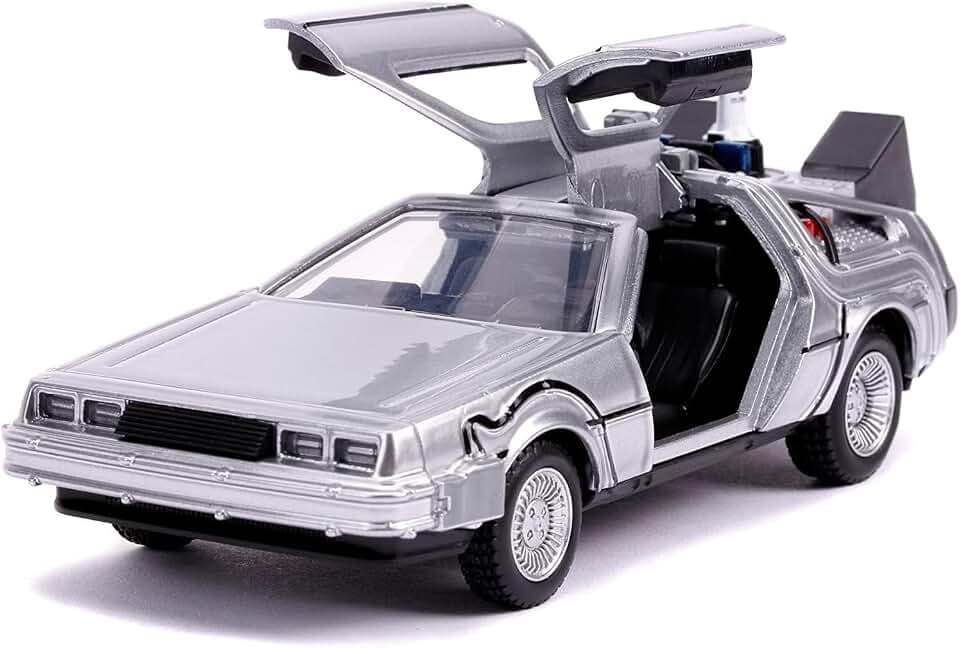 Jada Toys Time Machine Back to The Future 2, Zurück in die Zukunft 2, Spielzeugauto aus Die-cast, Türen zum Öffnen, Freilauf, Maßstab 1:32, Silber