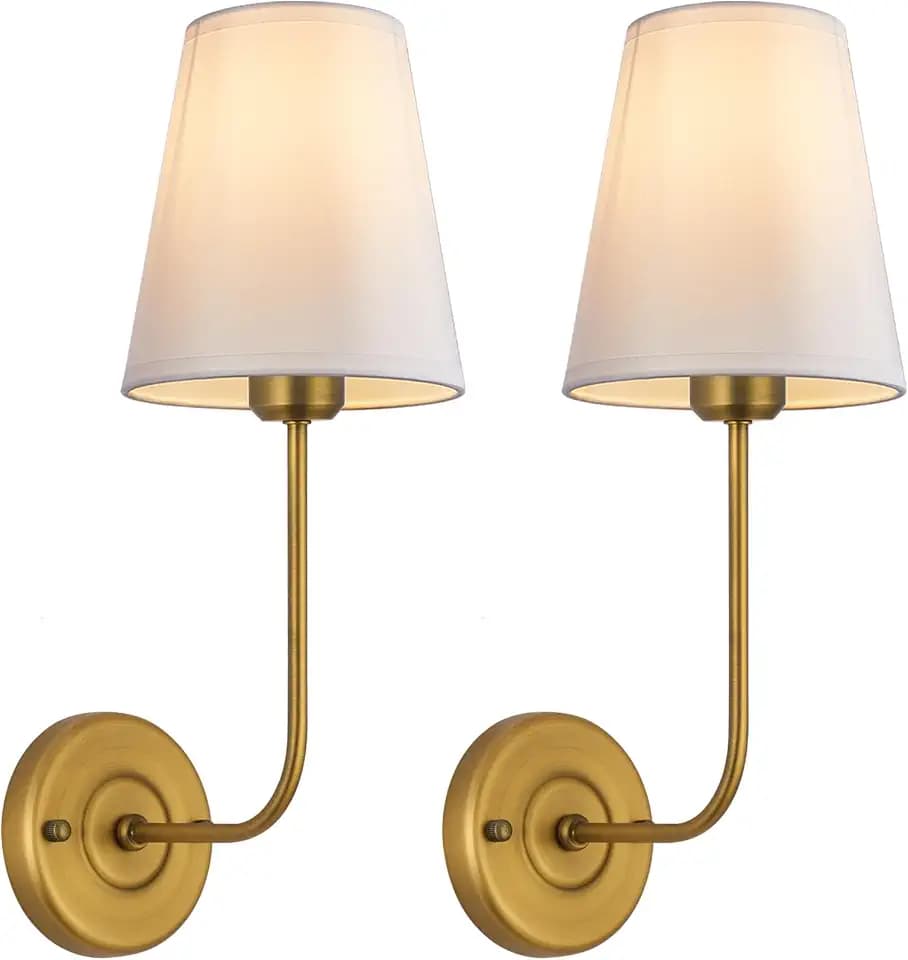 PASSICA DECOR Hardwired Wall Sconces Set of 2 Vintage Industrial Wall Lamp Light Fixture with Flared White Fabric Shade for Living Room Bedrooms Bedside Reading Fireplace Farmhouse