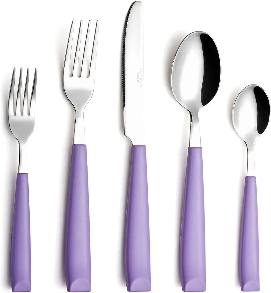 Annova 20-teiliges Edelstahl-Besteck-Set – farbige Griffe – 4 x Menuegabeln, 4 x Salatgabeln, 4 x Menümesser, 4 x Esslöffel, 4 x Teelöffel – Service für 4 (Hellviolett, 20 Stück)