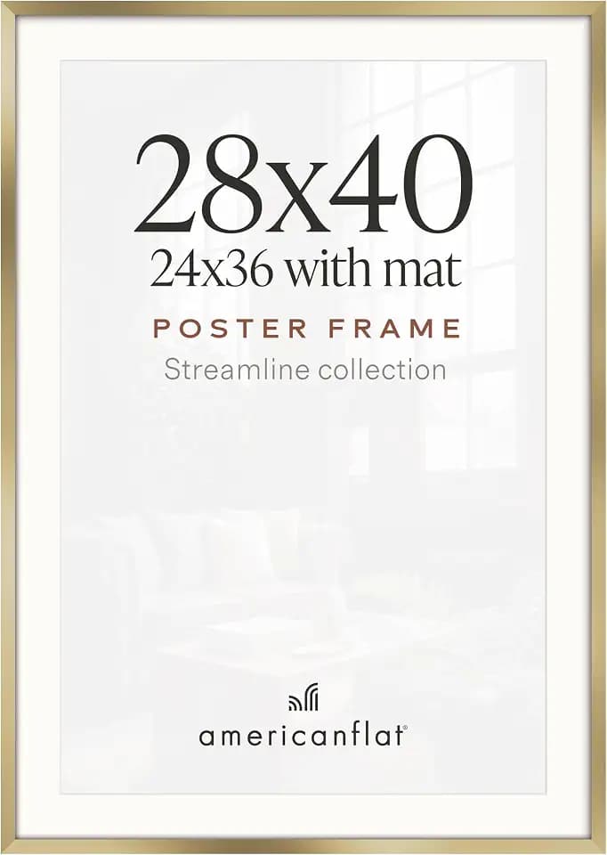 Americanflat 28x40 Poster Frame - Matted to 24x36 - Slim Molding - Gold