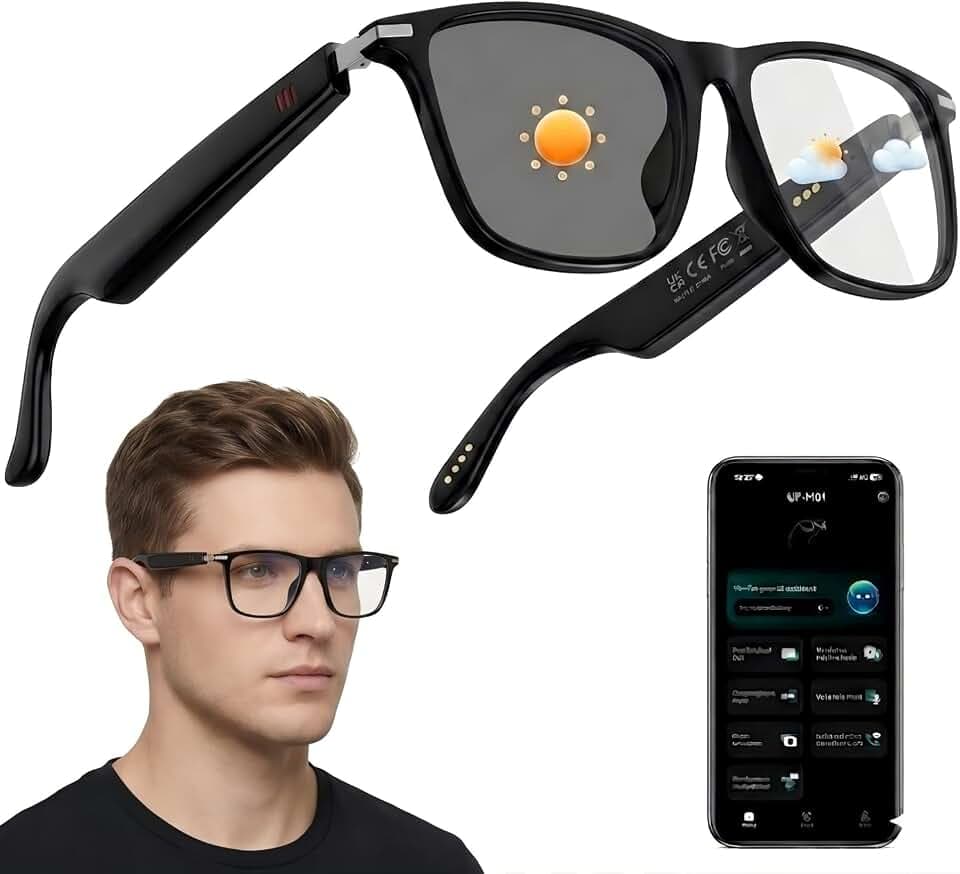 AI Smart Glasses for Men & Women, Bluetooth Smart Glasses with 165+ Languages, Photochromic Lenses, AI Assistant, Touch Control & IPX5 Water-Resistant for Travel & Work(Black)
