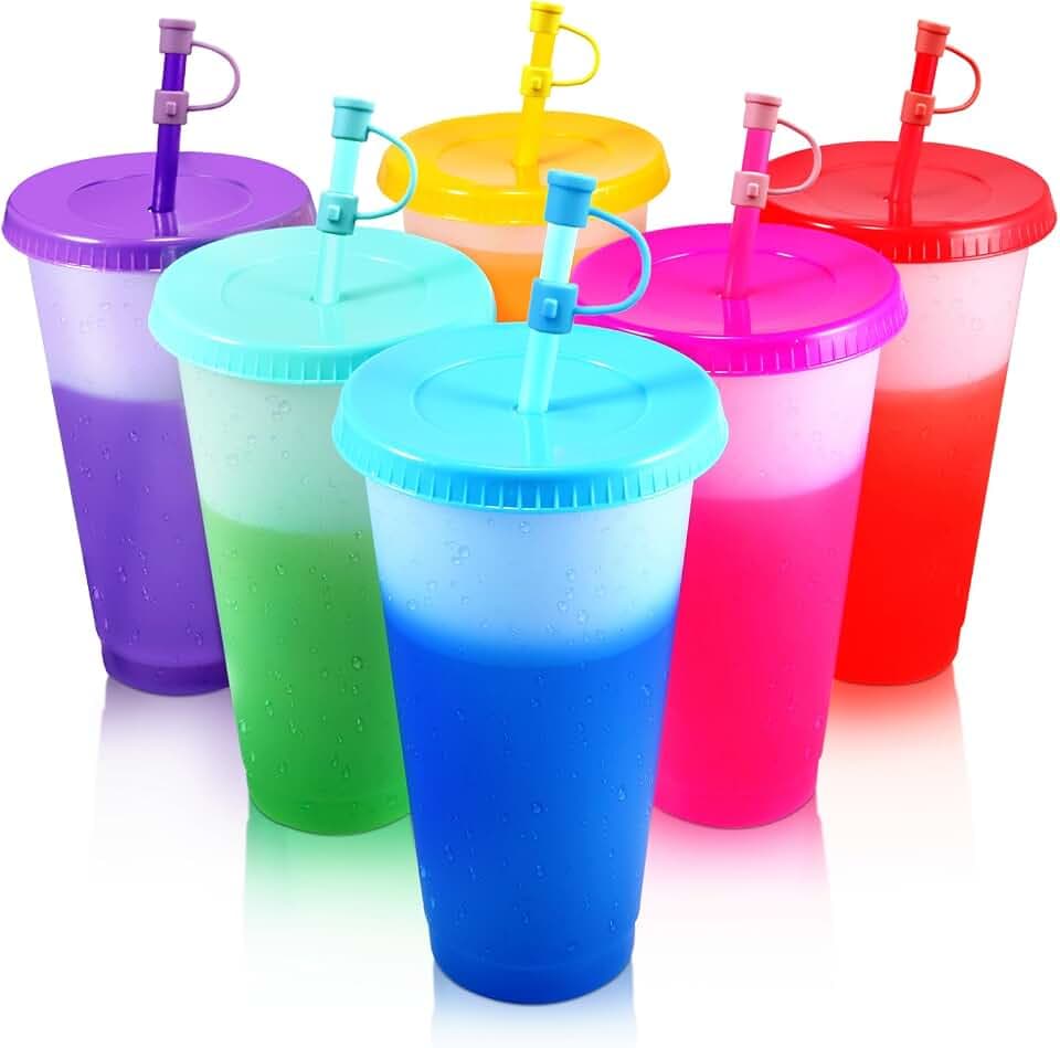 6 Stück Farbwechselbecher Trinkbecher mit Deckel & Strohhalm Cover, 710ml
