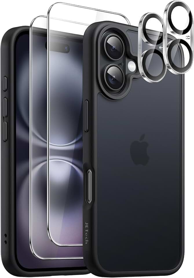JETech 5-in-1 Matte Hülle für iPhone 16, Schwarz