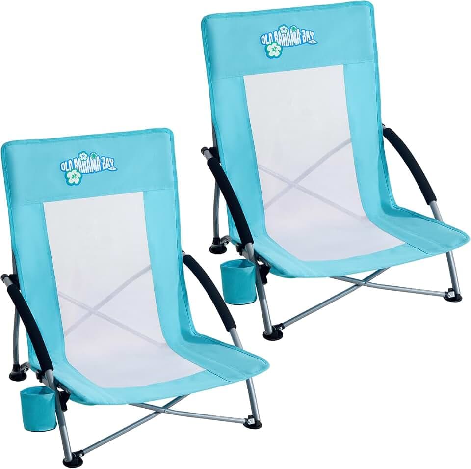 Old Bahama Bay Folding Beach Chair 2 Pack, Beach Chairs for Adults Low Beach Camping Chair with Cup Holder Mesh Back for Outdoor Fishing Sand Lawn, Supports up to 350lbs