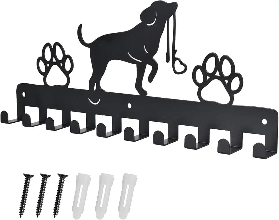 Haken Kleiderbügel Wand Schlüsselhalter Hund und Pfote Drucke Metall Schlüsselhalter mit 10 Haken Hundegarderobe Schwarz Eisen Wandmontage Haken für Hundebesitzer, Wanddeko Metall, Badezimmer, Küche