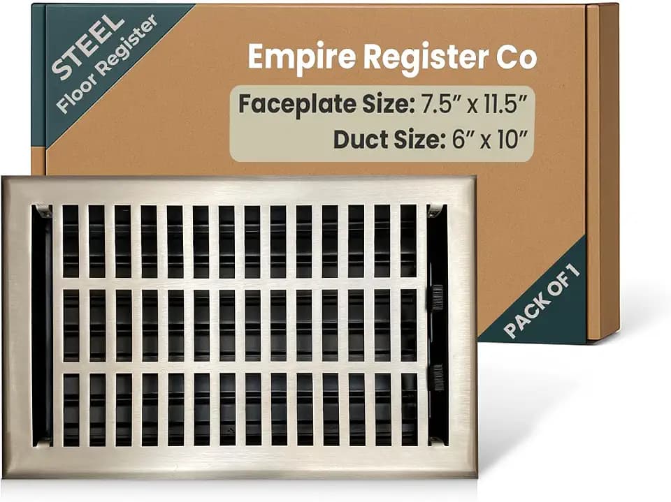 Empire Register Co, Vent Cover - 6x10 inch, Modern Contemporary Design, Brushed Nickel Finish, Heavy Duty Floor Vent Covers, Metal Damper Attached Vent Covers for Home Floor only