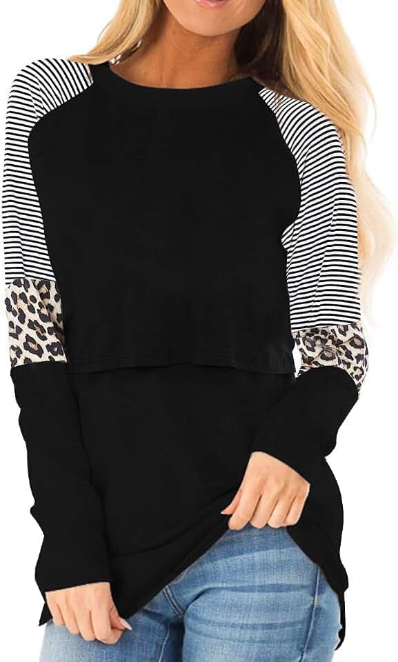 Smallshow Damen Stillshirt Langarm O-Neck Umstandsmode Tshirt Still Nursing Tops,Black,XL