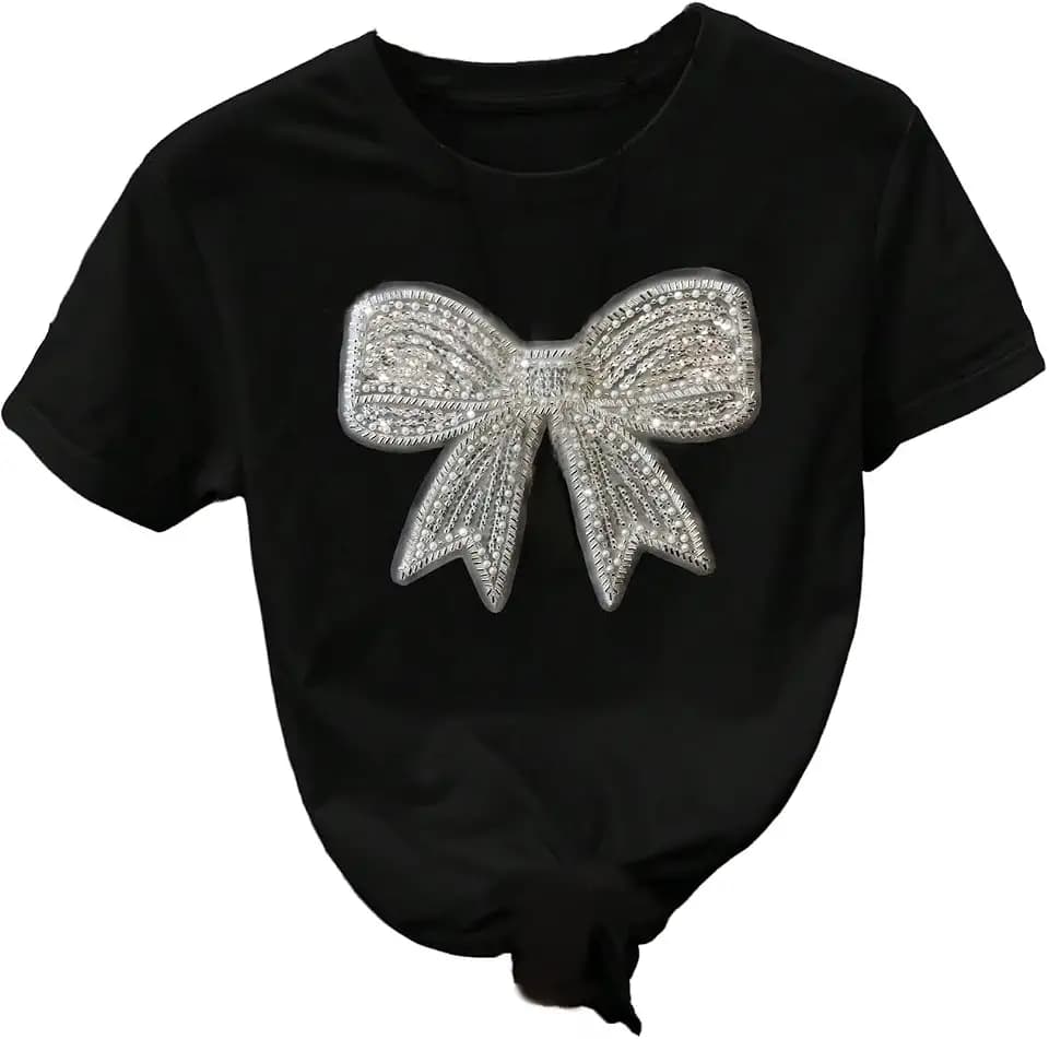 Floerns Women's Sequin Cute Short Sleeve T Shirts Bowknot Crew Neck Tee