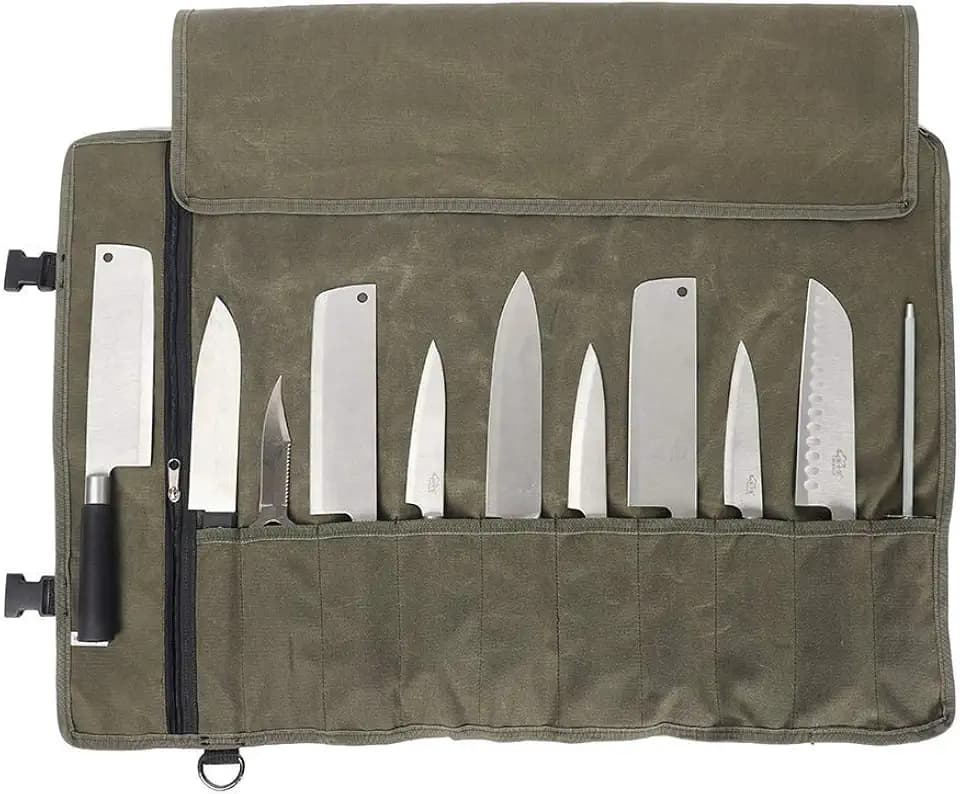 Kochmesser Rolltasche 11 Slots, Messertasche für Camping, Wandern, Multifunktions-Werkzeugrolltasche，Messer Rollentasche (Armeegrün)