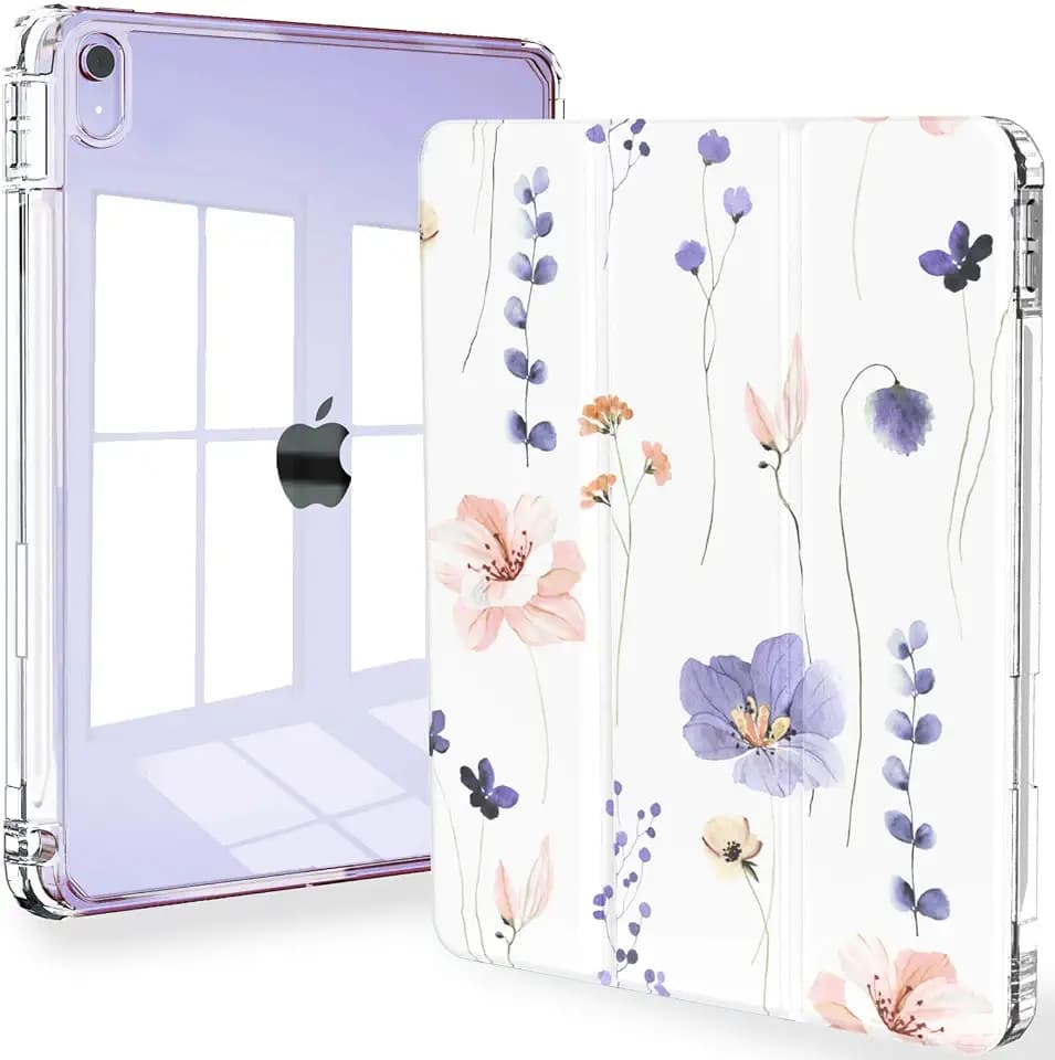 Feams Slim Case for iPad Air 11-inch M4/M3/M2 (2026/2025/2024), iPad Air 5th/4th Generation (2022/2020) 10.9 Inch Case Clear Back with Pencil Holder & Auto Sleep, Purple Flowers