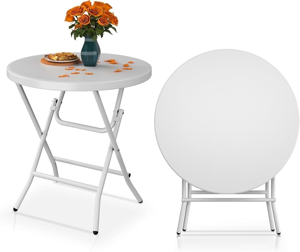 YITAHOME 80cm Gartentisch, Runder Klapptisch, Balkontisch Klappbar, Campingtisch Wetterfest für Outdoor Party Strand BBQ, mit Rostfreie Metallrahmen, 80 x 80 x 74cm, Weiß