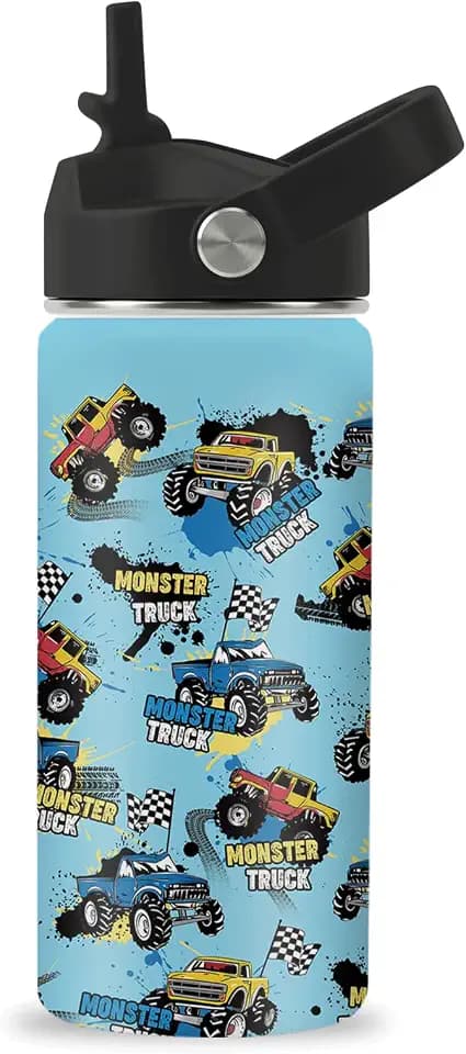 Monster Truck Boys Water Bottle, 16oz Kids Stainless Steel Insulated Water Bottle with Straw Lid, Monster Truck Travel Cup Tumbler, Birthday Gift for School Sport