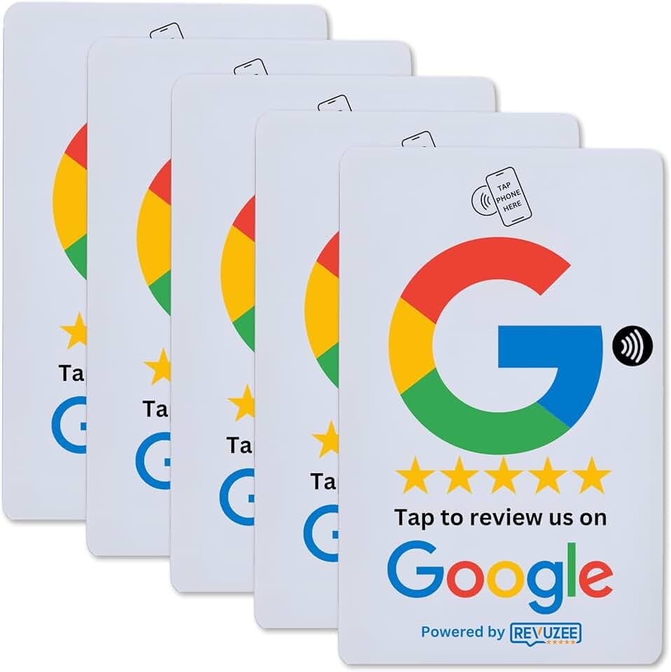 Review Tap Card for Google (5 Pack)| NFC and Custom QR Code Sign for Business | Includes Analytics and Customizable Landing Page | Same Size as a Standard Credit Card | (White)