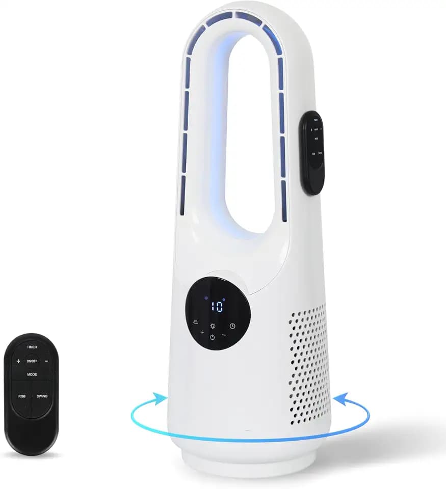 INGRIKT 20W Flügelloser Turmventilator 57cm, Leiser Standventilator für Schlafzimmer, mit Fernbedienung, 10 Geschwindigkeiten, 3 Windmodi, 30–120° Oszillation, 1–12h Timer, 7-Farben-RGB-Licht