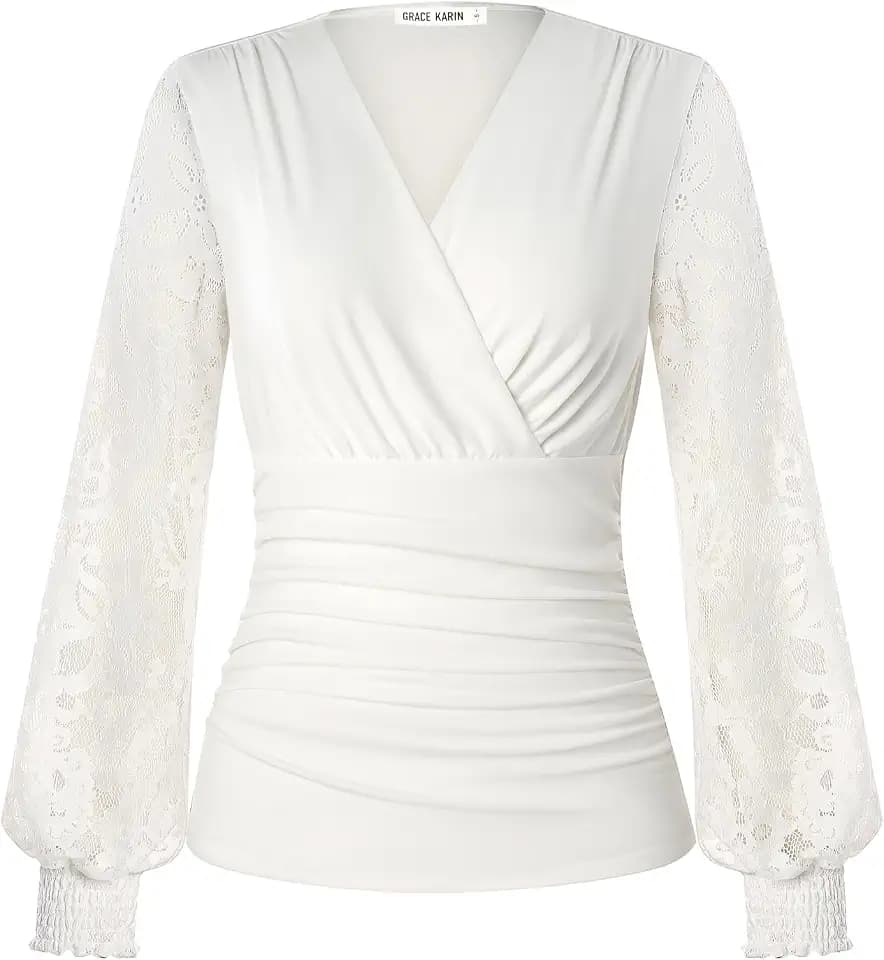 GRACE KARIN Damen Bluse Spitzen Langarm Festliche Oberteile V-Ausschnitt Plissierte Bauchweg Wickelbluse