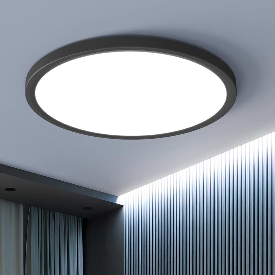 OTREN LED Deckenleuchte 48W, Rund Deckenlampe 4800LM, Moderne Flach Panel 6500K Kaltesweiß für Badezimmerküche Wohnzimmer Schlafzimmer, Ø40CM, Schwarz