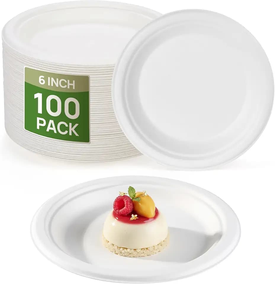 Goodluck 6 Inch White Compostable Sugarcane Paper Plates, 100 Pack