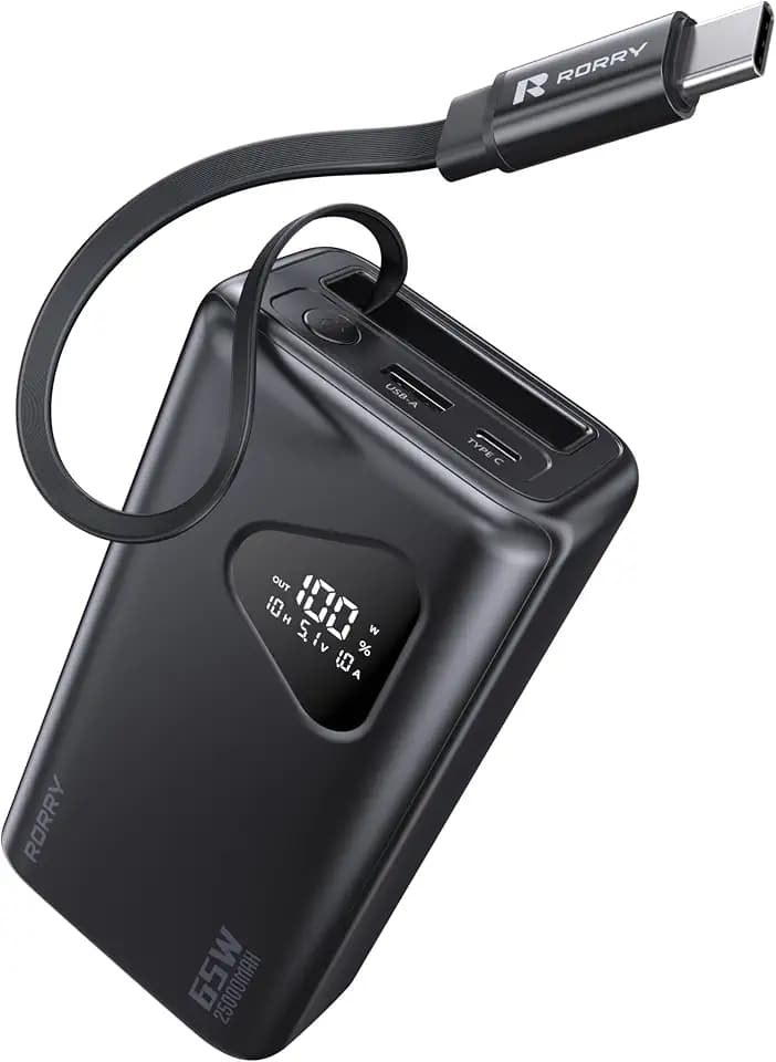 RORRY Laptop Power Bank, 25000mAh 65W Portable Charger Retractable Cables
