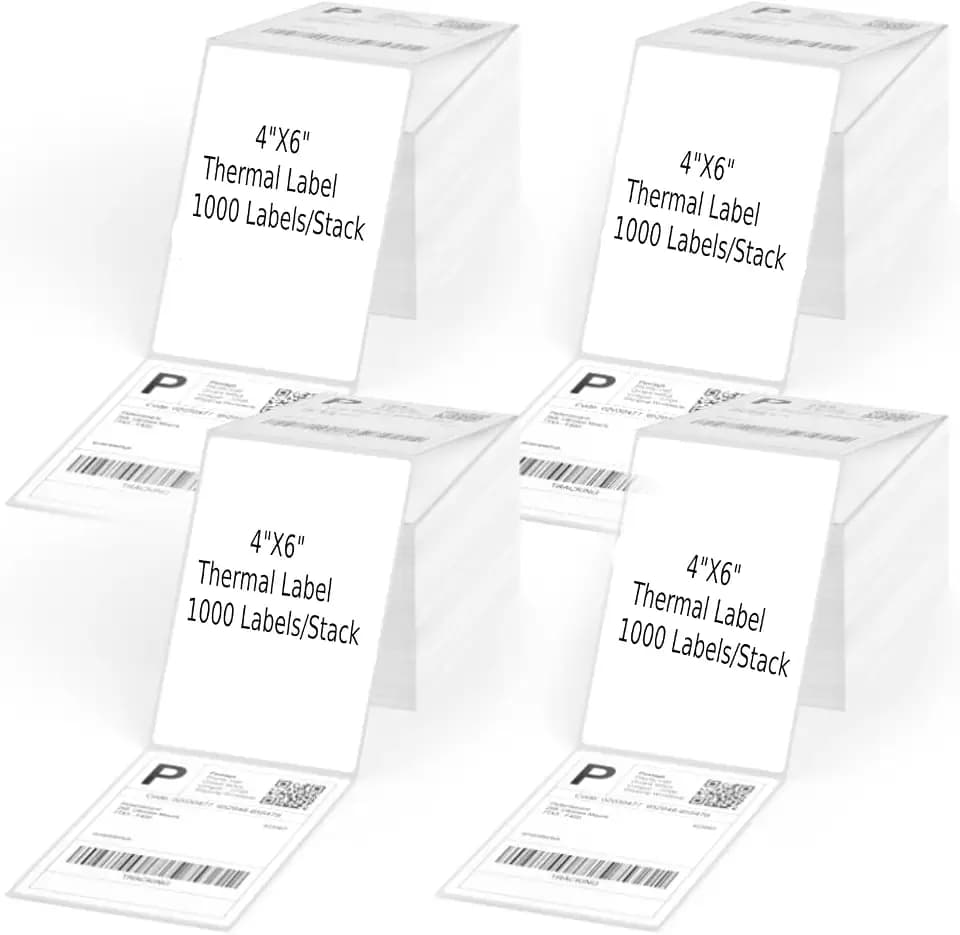 4x6 Fanfold Direct Thermal Labels - White Shipping Labels, Perforated, Mailing Postage Paper for Zebra, Rollo, MUNBYN, iDRPT Printers, Strong Adhesive - 4 Stacks, 4000 Labels