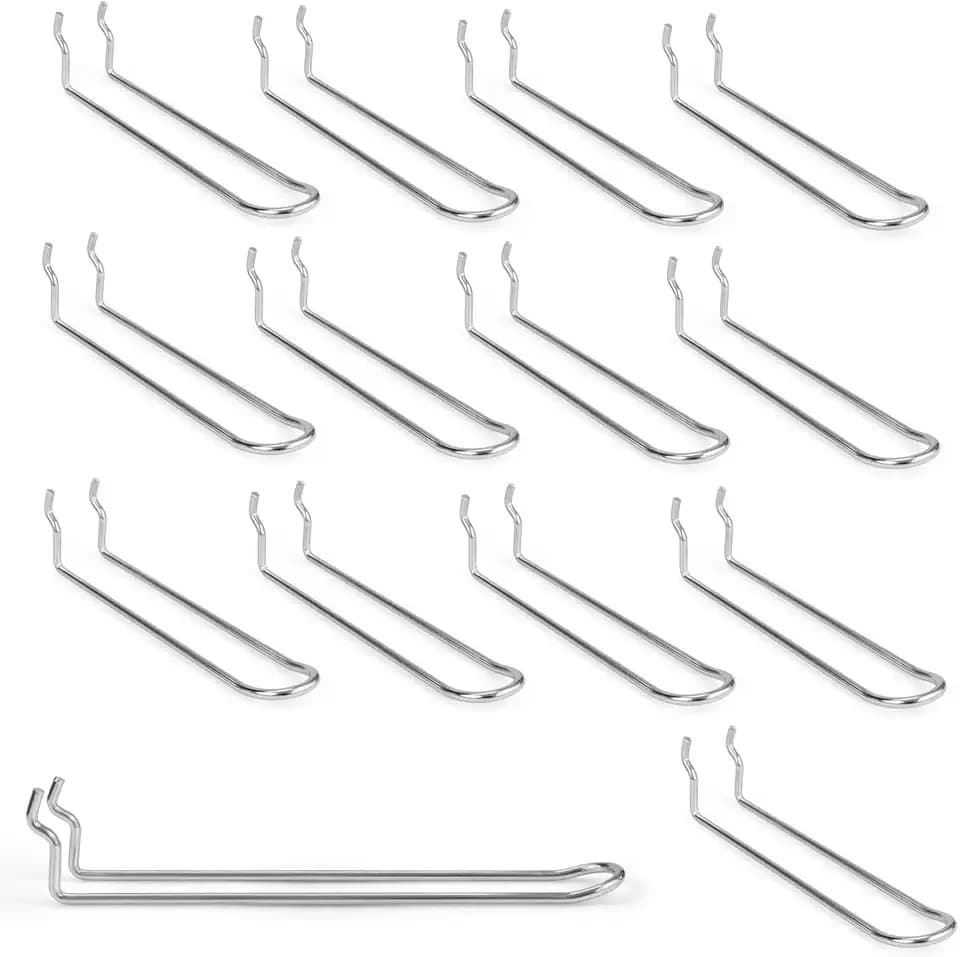 Pegboard Dual-arm Hooks 16pcs Heavy Duty Tool Hanging Holders (Silver, 8")