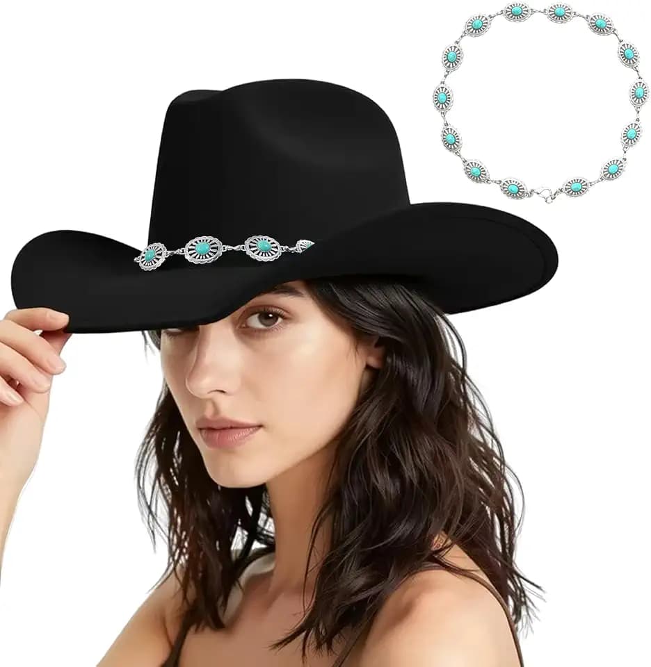 Western Cowboy Hat for Women Men Classic Felt Cowgirl Hat with Turquoise Silver Chain Band Wide Brim, Fits Most Adult Sizes