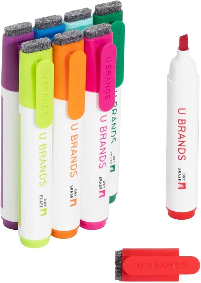U Brands Dry Erase Markers Chisel Tip Set, 8 Pack, Assorted Colors, Whiteboard Pens with Chisel Point and Built In Eraser Caps, Low Odor Ink, Dry Erase Markers For Classroom, Office, Or Home