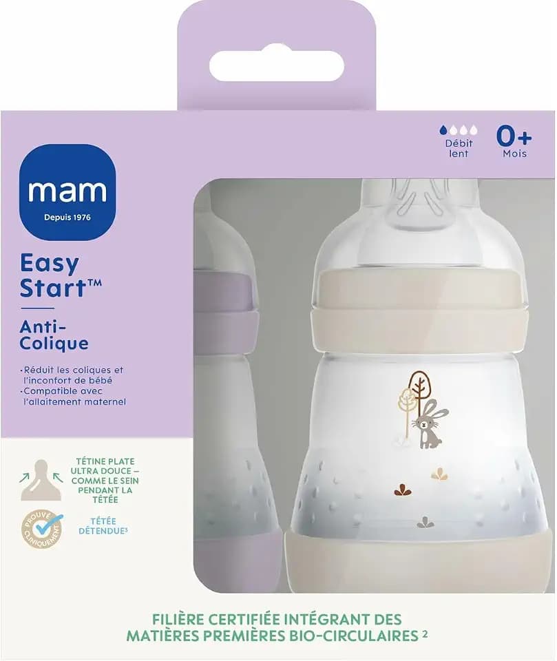 MAM Easy Start Anti-Colic Babyflasche, 0+ Monate, langsamer Fluss (2 x 160 ml), Flieder + Sand – Flasche zur Reduzierung von Koliken und Beschwerden des Babys – Babyflasche zum Stillen geeignet