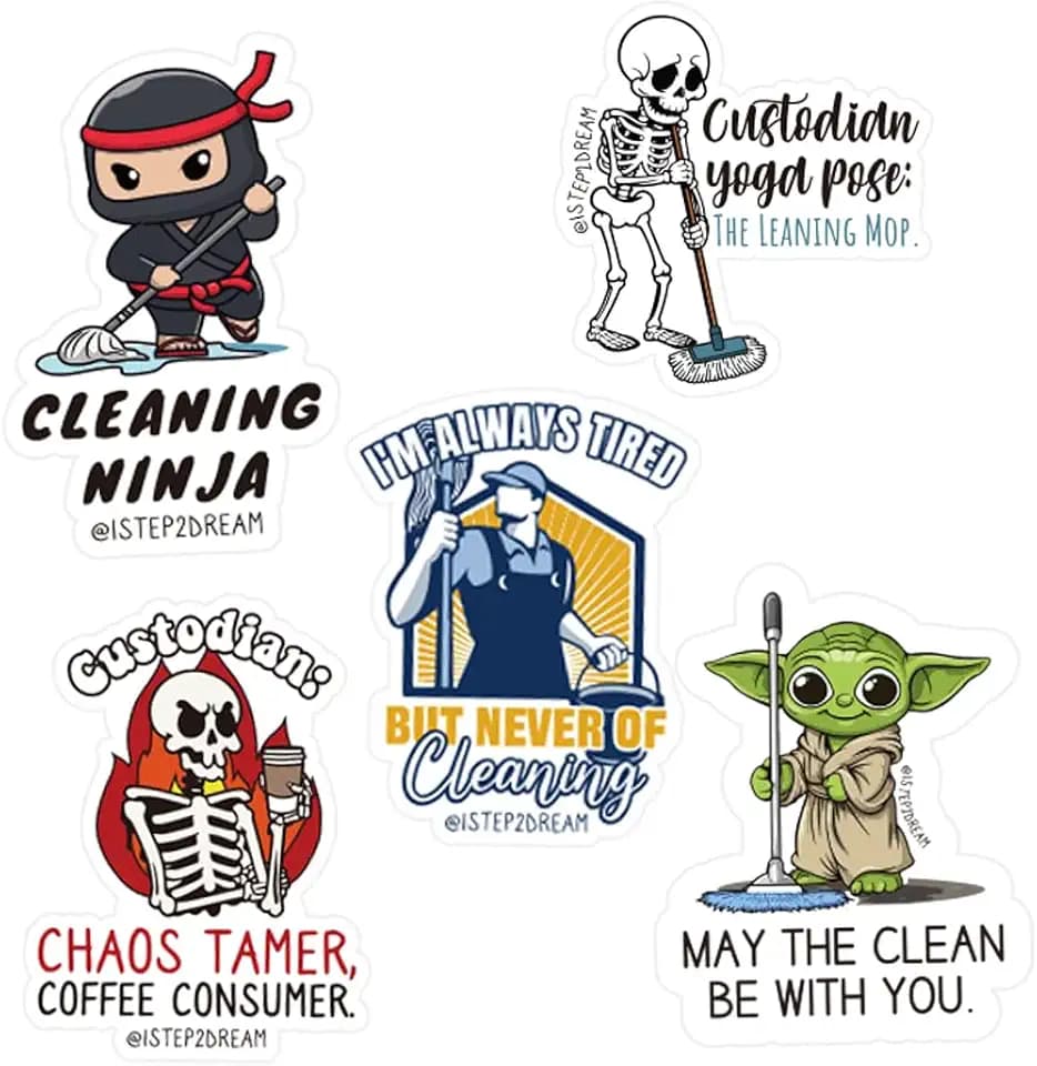 1step2dream Custodian Sticker Decal Set - Funny Custodial Workers Day Decor for Laptop, Water Bottle, Phone - Appreciation Gift for Janitor, Cleaner, School & Office Staff