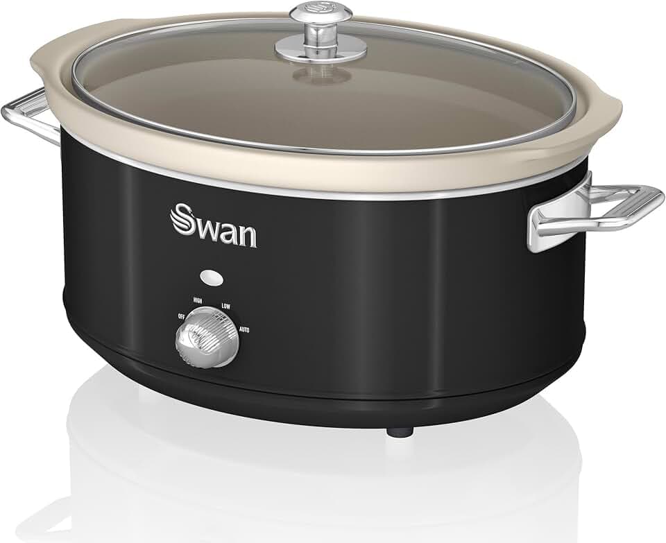 Swan Retro SF17031BNEU Schongarer, 6,5 l, abnehmbarer Behälter, antihaftbeschichtet, Keramik, frei von PFOA und PTFE, 3 Temperaturstufen, Glasdeckel, Slow Cooker, Vintage-Design, Schwarz, 320 W