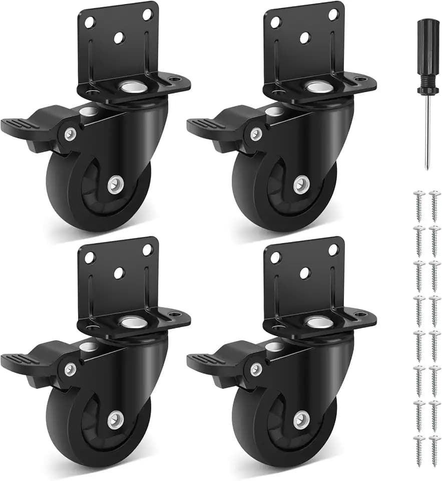 50mm L-Montageplatte Schwerlastrollen Klein, 360 Grad Drehung Lenkrollen Klein Gummi, Leise und Geschmeidig, Tragfähigkeit 270kg, Möbelrollen Klein mit 4 Bremse für Tisch, Schrank, Babybett
