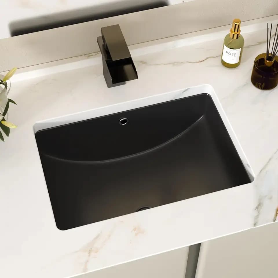 Black Undermount Bathroom Sink 20x14 Inch Rectangular Ceramic Sink