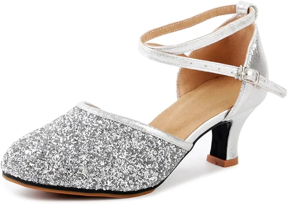OCHENTA Women's Sequined Leather Latin Ballroom Dance Shoes Pointed Toe Salsa Tango Party Kitten Heel Pumps