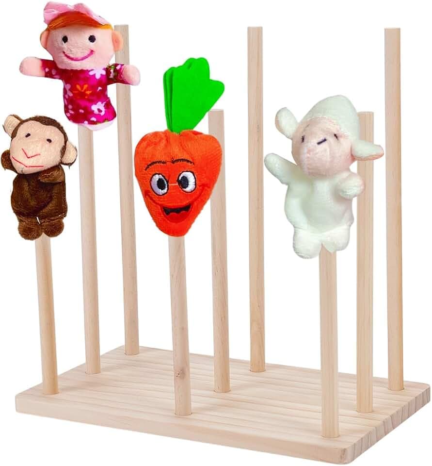FINGERINSPIRE Wooden Puppet Stand Wooden Puppet Tree Display Wood Doll Display Stand PapayaWhip Color Doll Holders Holds 9 Hand Puppets Doll Holder Puppet Rack for Puppet Anti Crush Storage
