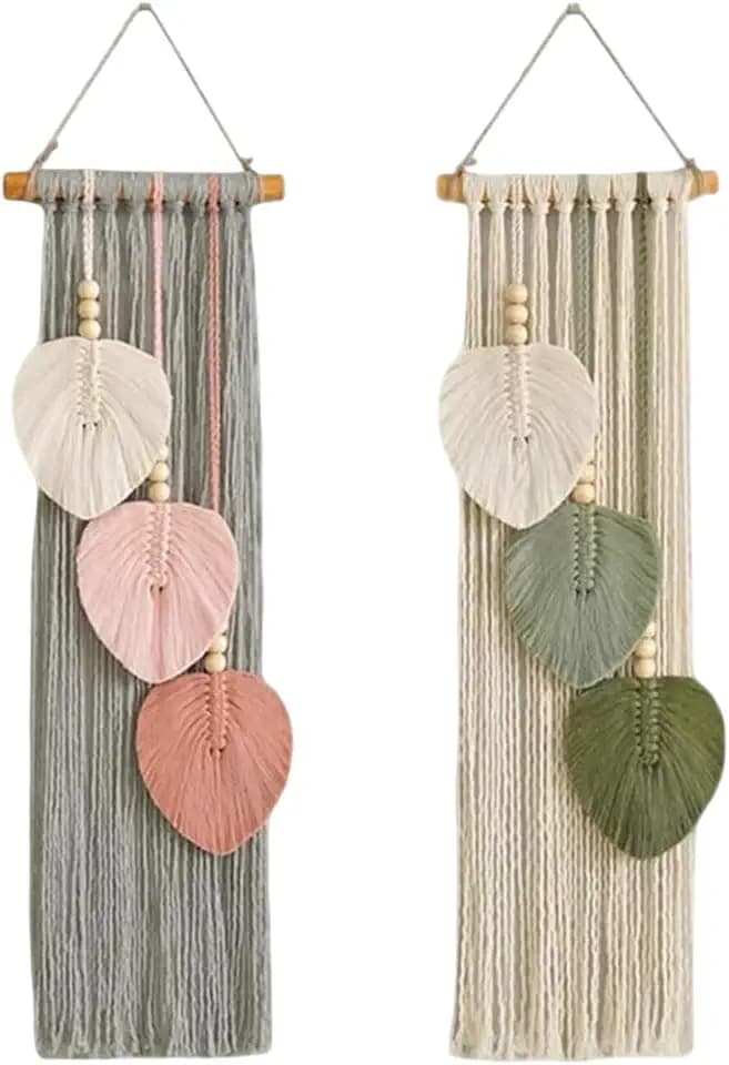 2PCS Makramee Wandbehang Set, Deko Wandteppich Boho, Boho Wanddeko mit Holzperlen und Grün Blätter Tapisserie, Makramee Wandteppich für Traubogen Hochzeit Schlafzimmer Wohnzimmer Büro, Balkon Wanddeko