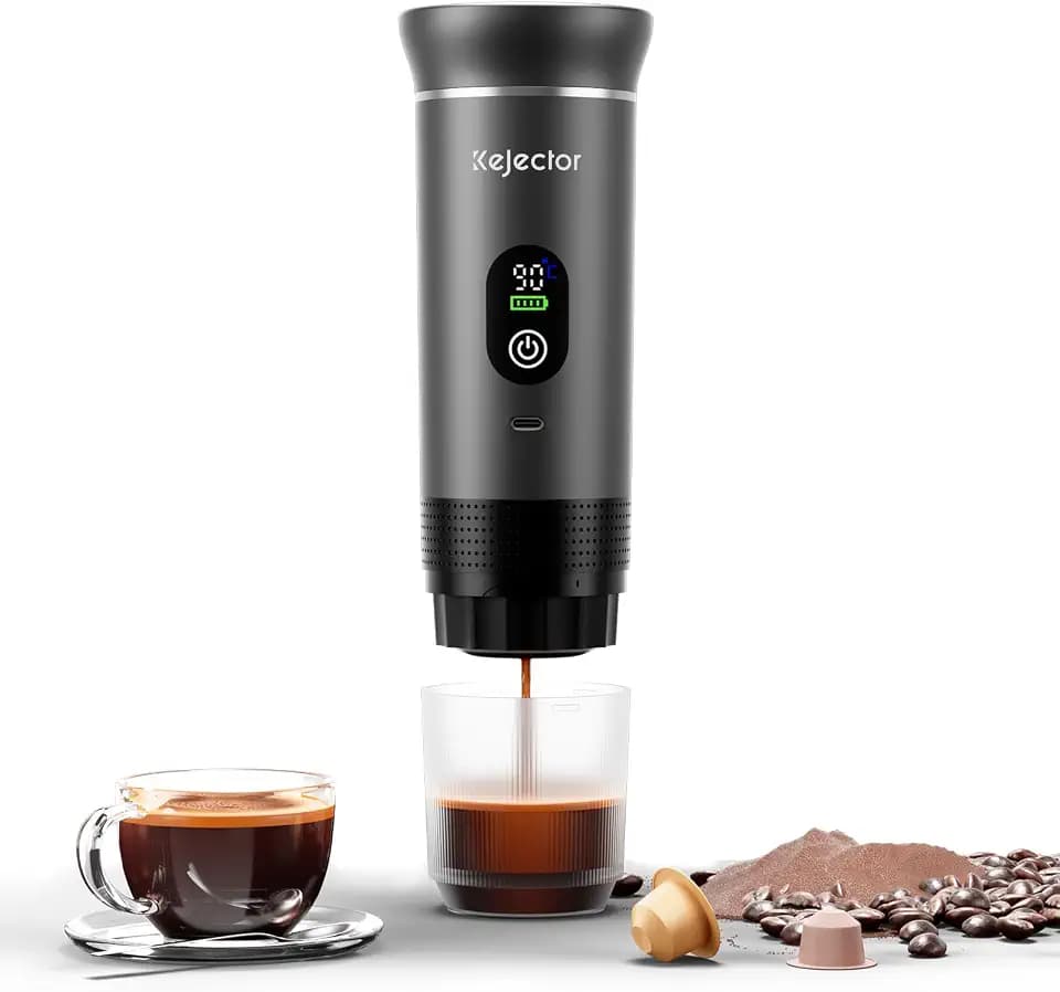 kejector Tragbare Espressomaschine mit Akku Kaffeemaschine, Espressomaschine für unterwegs, Nano Auto Kaffeemaschine, 3-IN-1 für gemahlenem Kaffee, Kapsel für Wohnmobil Wandern Camping Digitalanzeige
